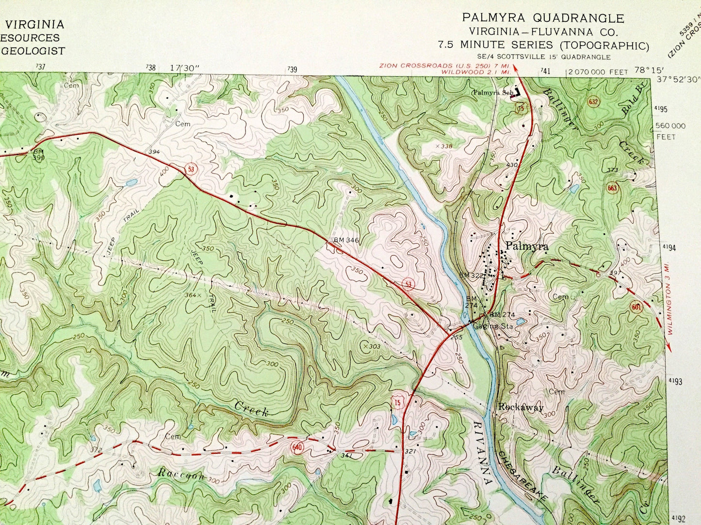 Antique Palmyra, Virginia 1967 US Geological Survey Topographic Map – Fluvanna County, Rivanna River, Cunningham, Fork Union, Kidds Store VA