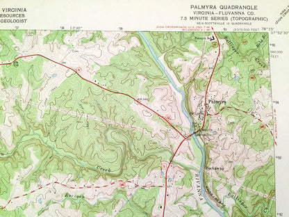 Antique Palmyra, Virginia 1967 US Geological Survey Topographic Map – Fluvanna County, Rivanna River, Cunningham, Fork Union, Kidds Store VA