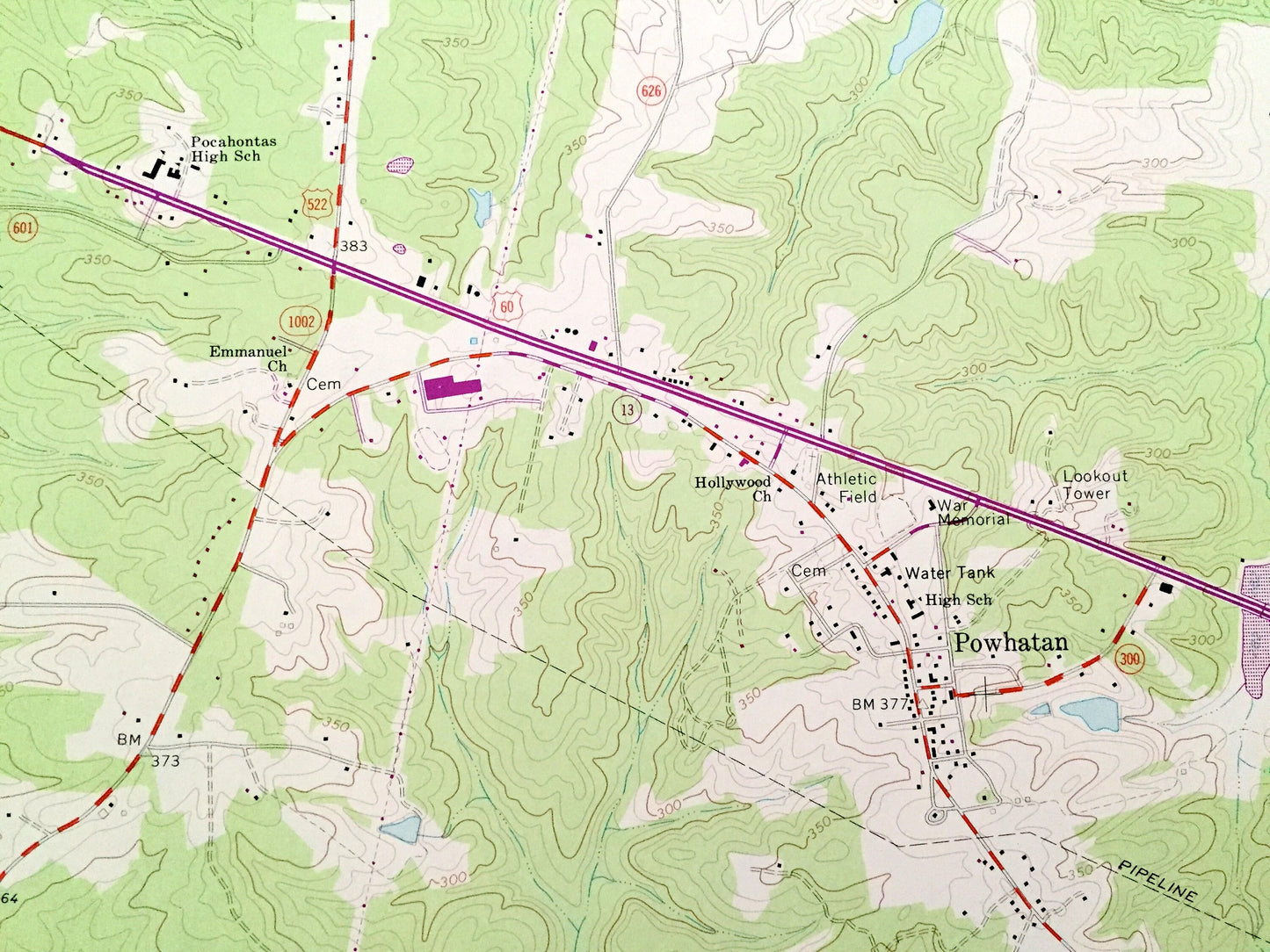 Antique Powhatan, Virginia 1966 US Geological Survey Topographic Map – County, Provost, Jefferson, Macon, State Wildlife Management Area, VA