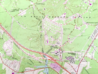Antique Yorktown, Virginia 1965 US Geological Survey Topographic Map – York, James City County, Revolutionary War Battle National Park, VA