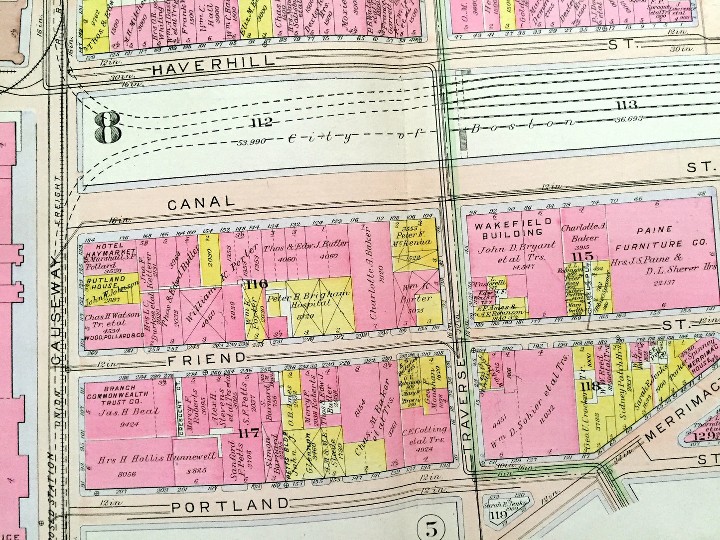 Antique 1908 North End, Boston, Massachusetts Map from G.W. Bromley Atlas – West End, Boston Garden, Bullfinch Triangle, Charles River, MA