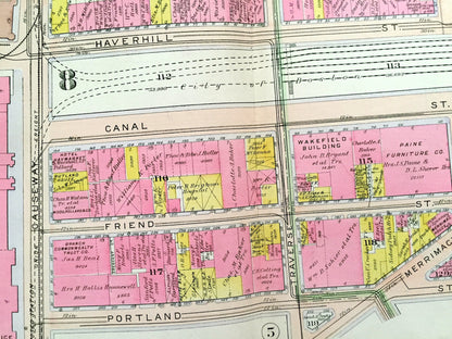 Antique 1908 North End, Boston, Massachusetts Map from G.W. Bromley Atlas – West End, Boston Garden, Bullfinch Triangle, Charles River, MA
