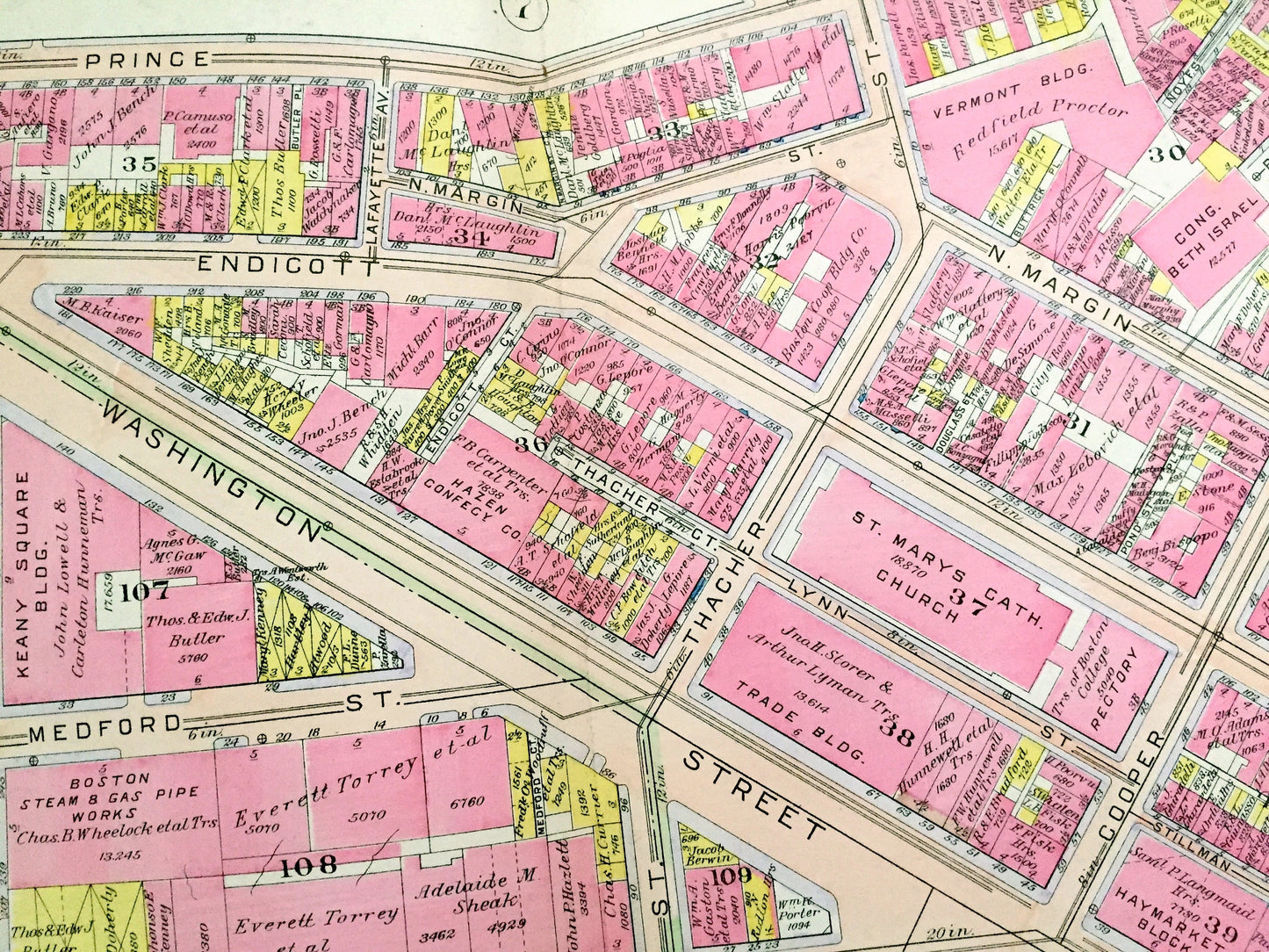 Antique 1908 North End, Boston, Massachusetts Map from G.W. Bromley Atlas – West End, Boston Garden, Bullfinch Triangle, Charles River, MA
