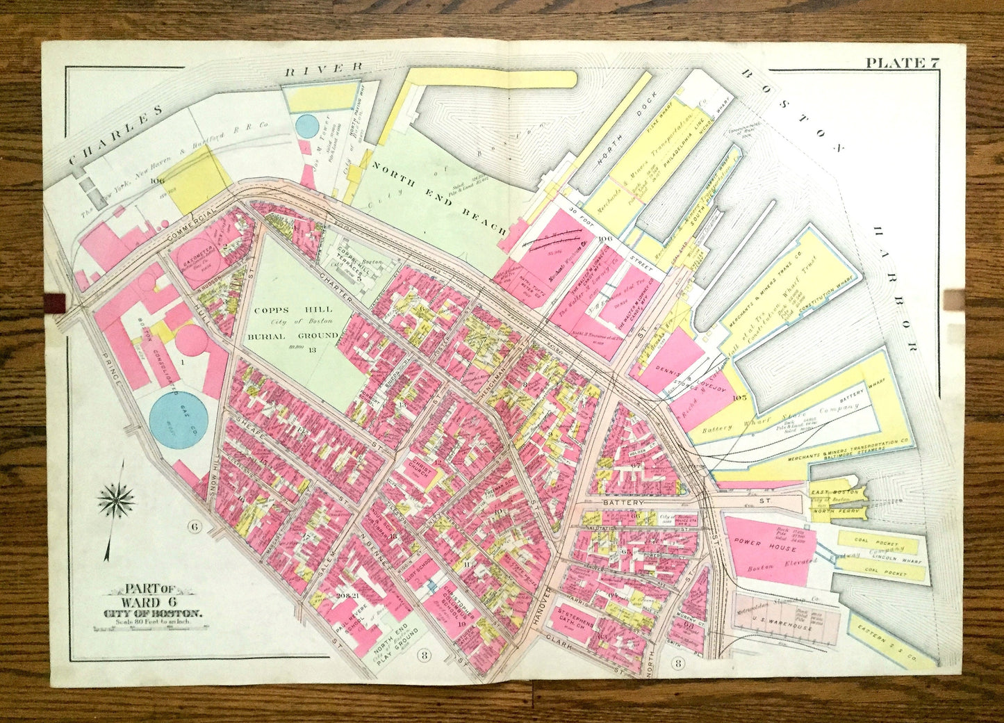 Antique 1908 North End, Boston, Massachusetts Map from G.W. Bromley Atlas – Old North Church, Copps Hill, Paul Revere Mall, Freedom Trail MA