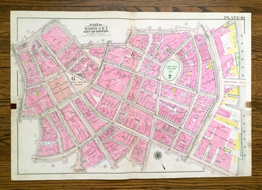 Antique 1908 Boston, Massachusetts Map from G.W. Bromley Atlas – Downtown, Waterfront, Financial District, Post Office, Fort Hill Square, MA
