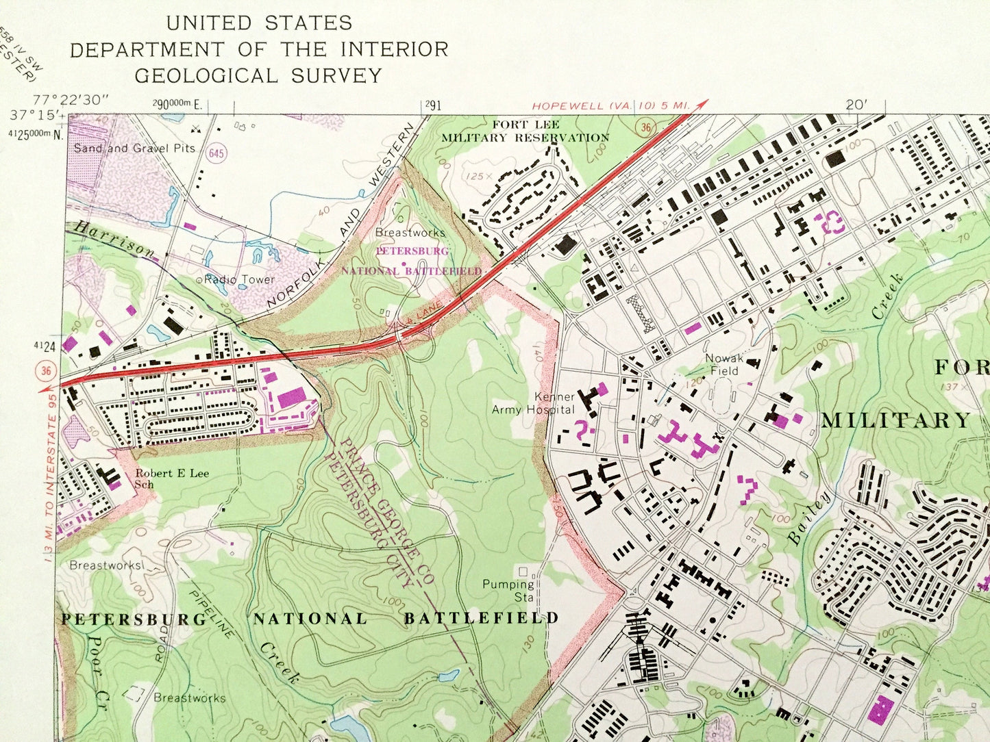 Antique Prince George, Virginia 1969 US Geological Survey Topographic Map – County, Petersburg, Fort Lee Army Base, National Battlefield, VA