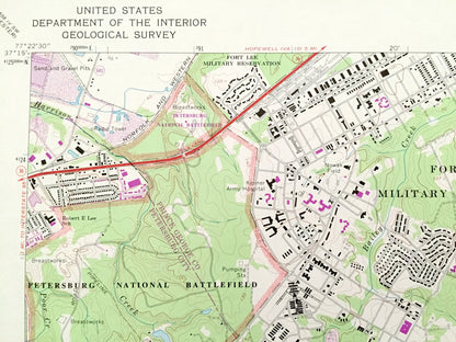Antique Prince George, Virginia 1969 US Geological Survey Topographic Map – County, Petersburg, Fort Lee Army Base, National Battlefield, VA