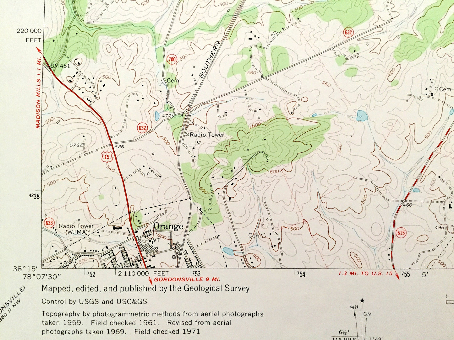 Antique Rapidan, Virginia 1971 US Geological Survey Topographic Map – Madison, Culpeper, Orange County, Clifton, Cedar Mountain, Nasons, VA