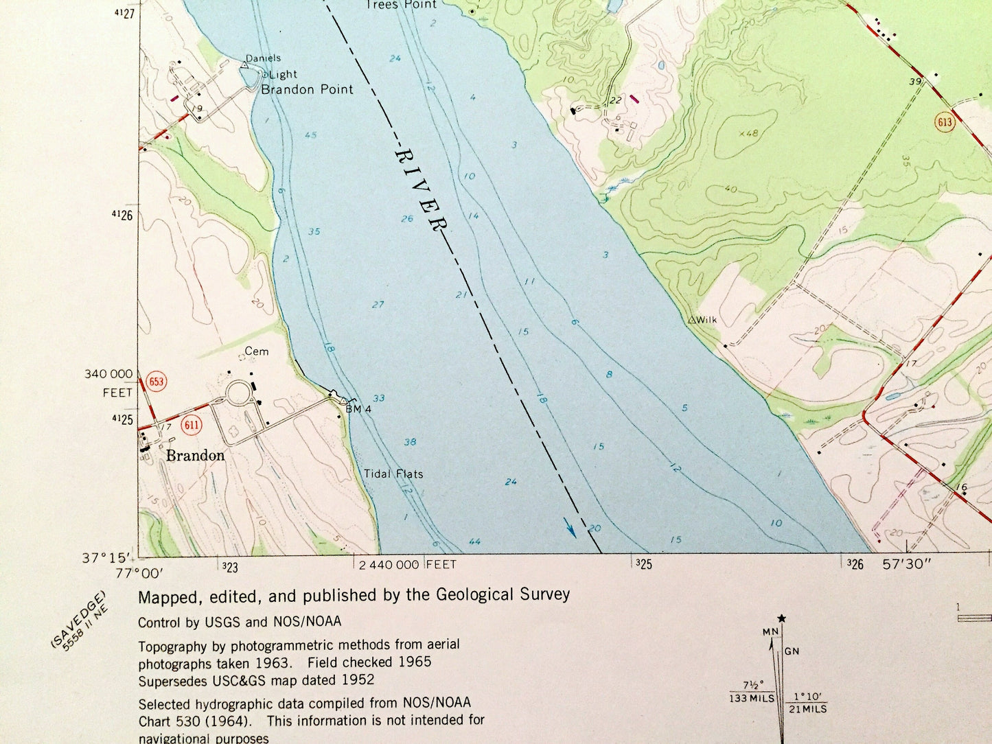 Antique Brandon, Virginia 1965 US Geological Survey Topographic Map – Charles City, James City County, James River, Chickahominy Wildlife VA