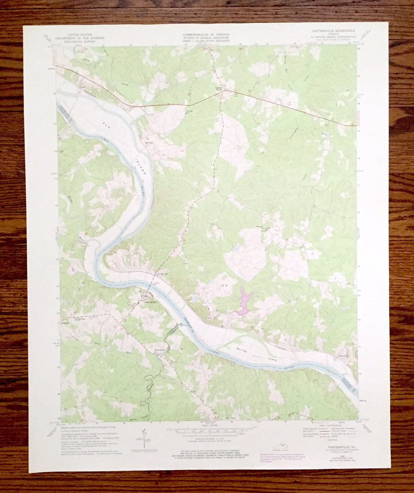 Antique Cartersville, Virginia 1969 US Geological Survey Topographic Map – Goochland, Cumberland County, Elk Island, James River, Fife VA