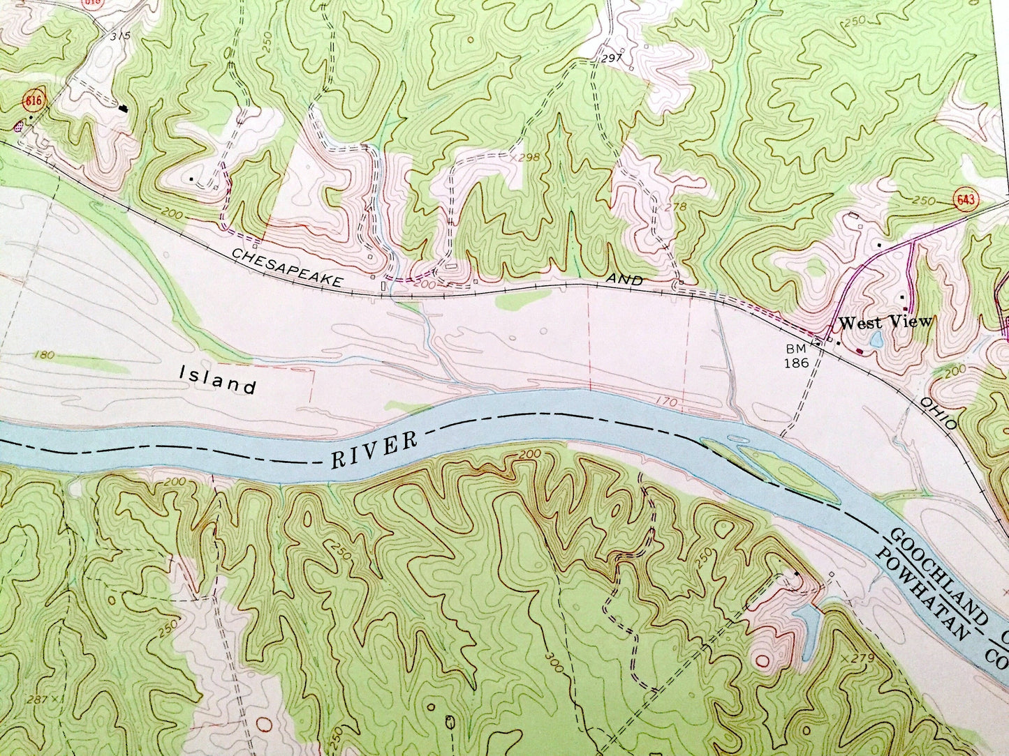 Antique Cartersville, Virginia 1969 US Geological Survey Topographic Map – Goochland, Cumberland County, Elk Island, James River, Fife VA