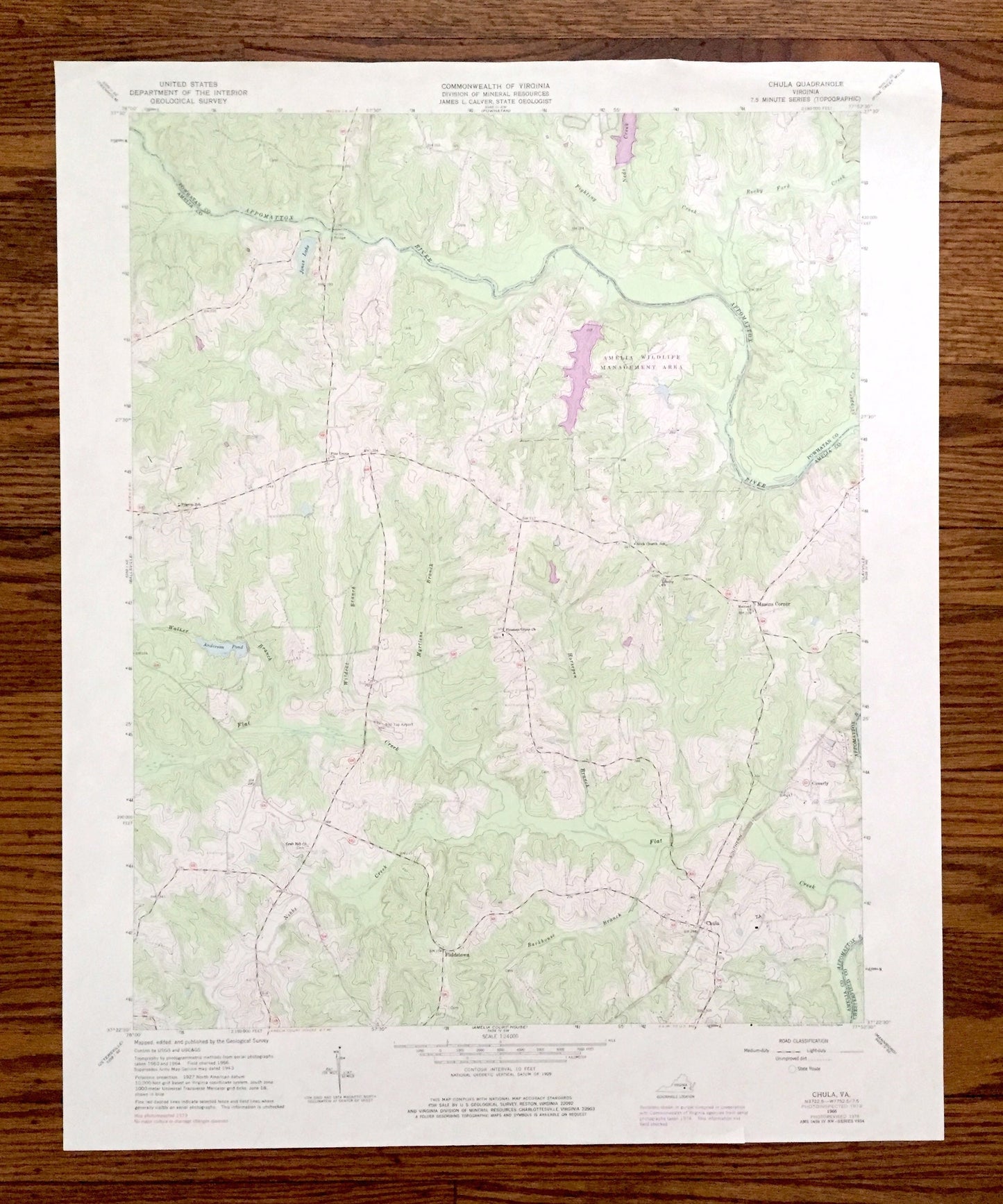 Antique Chula, Virginia 1966 US Geological Survey Topographic Map – Powhatan, Amelia County, Wildlife Management Area, Appomattox River VA