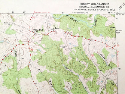 Antique Crozet, Virginia 1973 US Geological Survey Topographic Map – Albemarle County, White Hall, Midway, Yancey Mills, Brownsville, VA