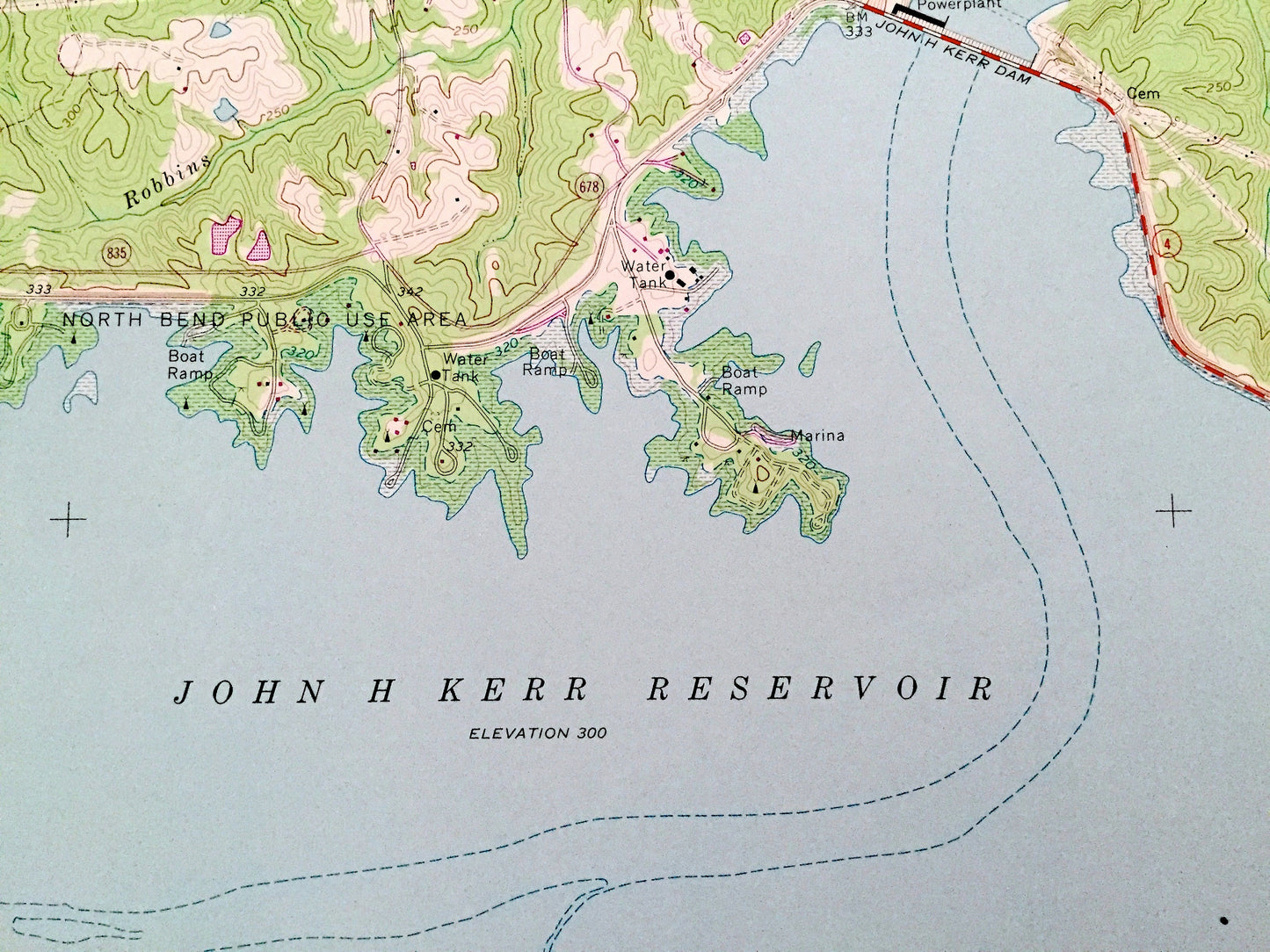 Antique John H Kerr Dam, Virginia 1968 US Geological Survey Topographic Map – Mecklenburg County, Warren, Vance, North Carolina, NC VA