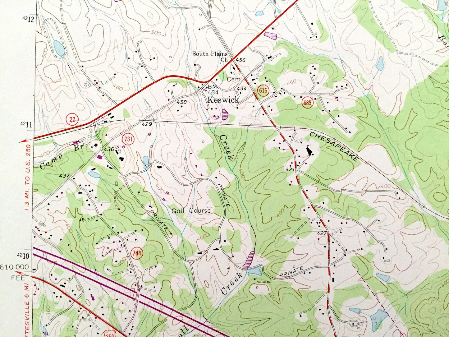 Antique Keswick, Virginia 1964 US Geological Survey Topographic Map – Louisa, Albermarle County, Cismont, Cobham, Rugby, Campbell, Farm, VA