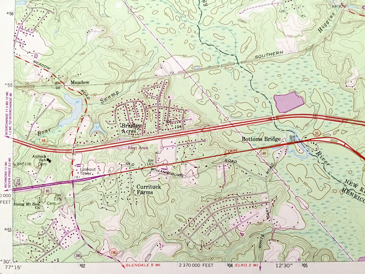 Antique Quinton, Virginia 1965 US Geological Survey Topographic Map – Hanover, New Kent, Henrico County, Orapax Farms, Bottoms Bridge, VA