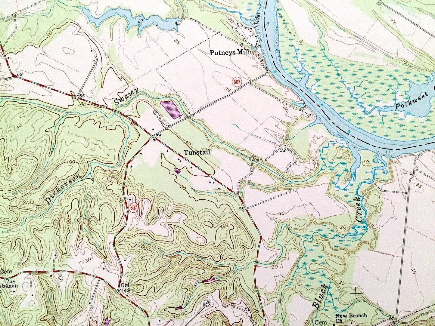 Antique Tunstall, Virginia 1966 US Geological Survey Topographic Map – King William, New Kent County, Pamunkey River, Indian Reservation, VA