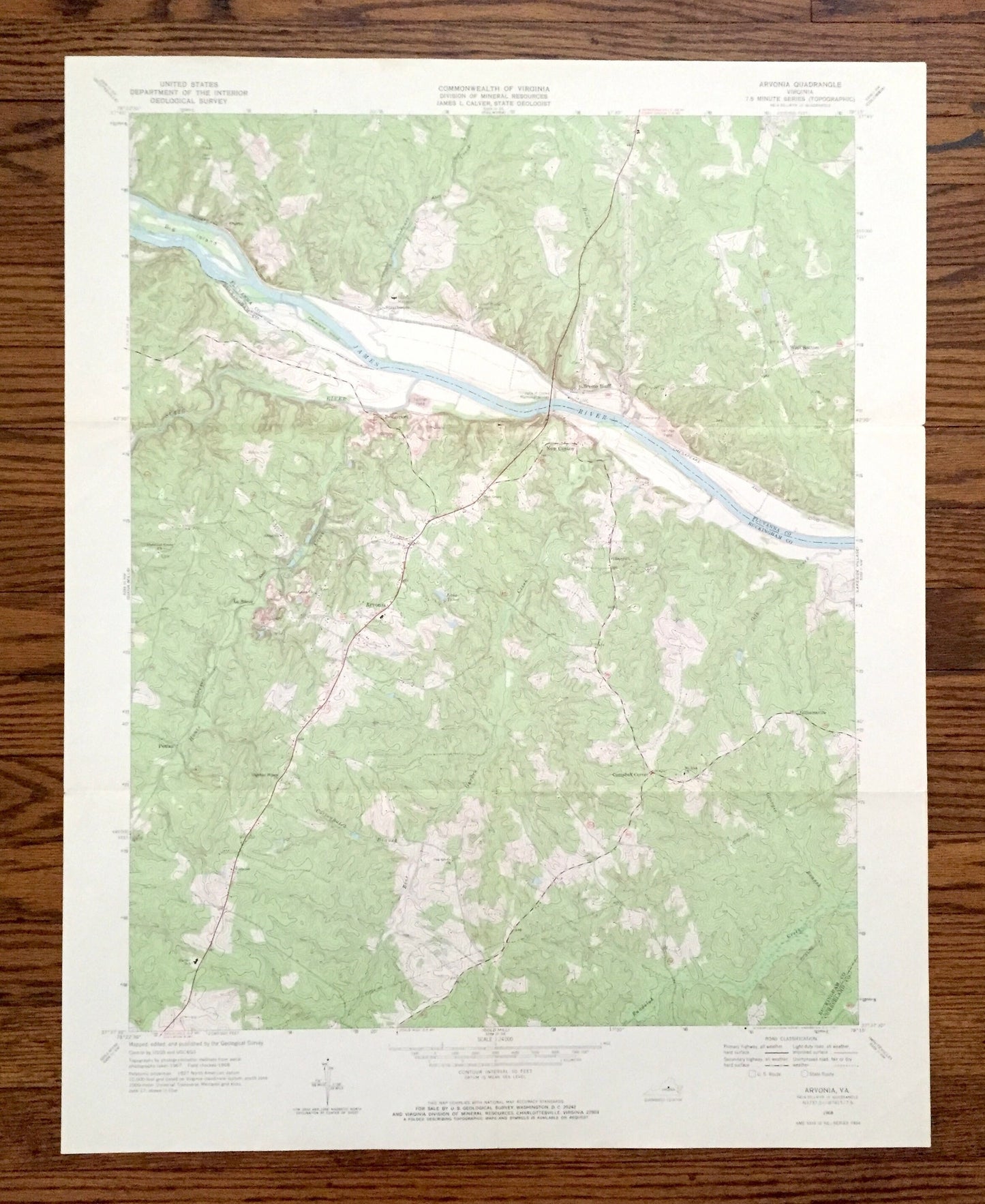 Antique Arvonia, Virginia 1968 US Geological Survey Topographic Map – Fluvanna, Buckingham County, James River, Bremo Bluff, New Canton, VA