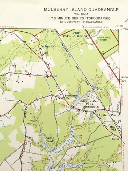 Antique Mulberry Island, Virginia 1950 US Geological Survey Topographic Map – Warwick, Isle of Wight County, James River, Fort Eustis, VA