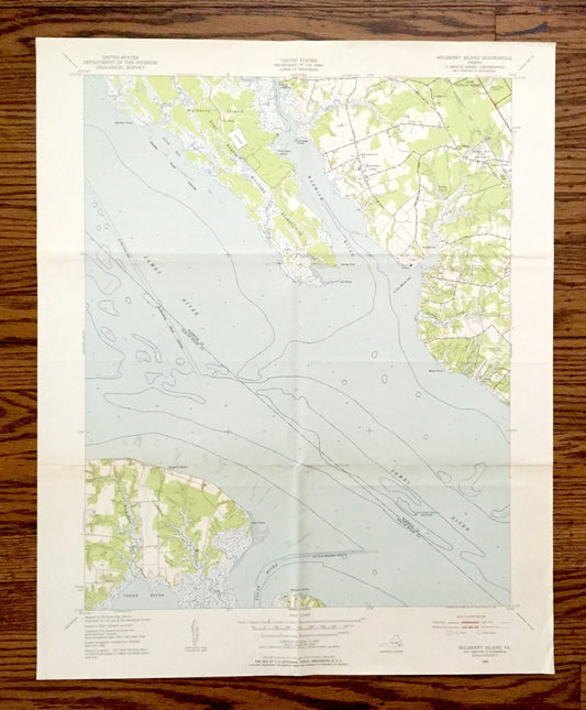Antique Mulberry Island, Virginia 1950 US Geological Survey Topographic Map – Warwick, Isle of Wight County, James River, Fort Eustis, VA