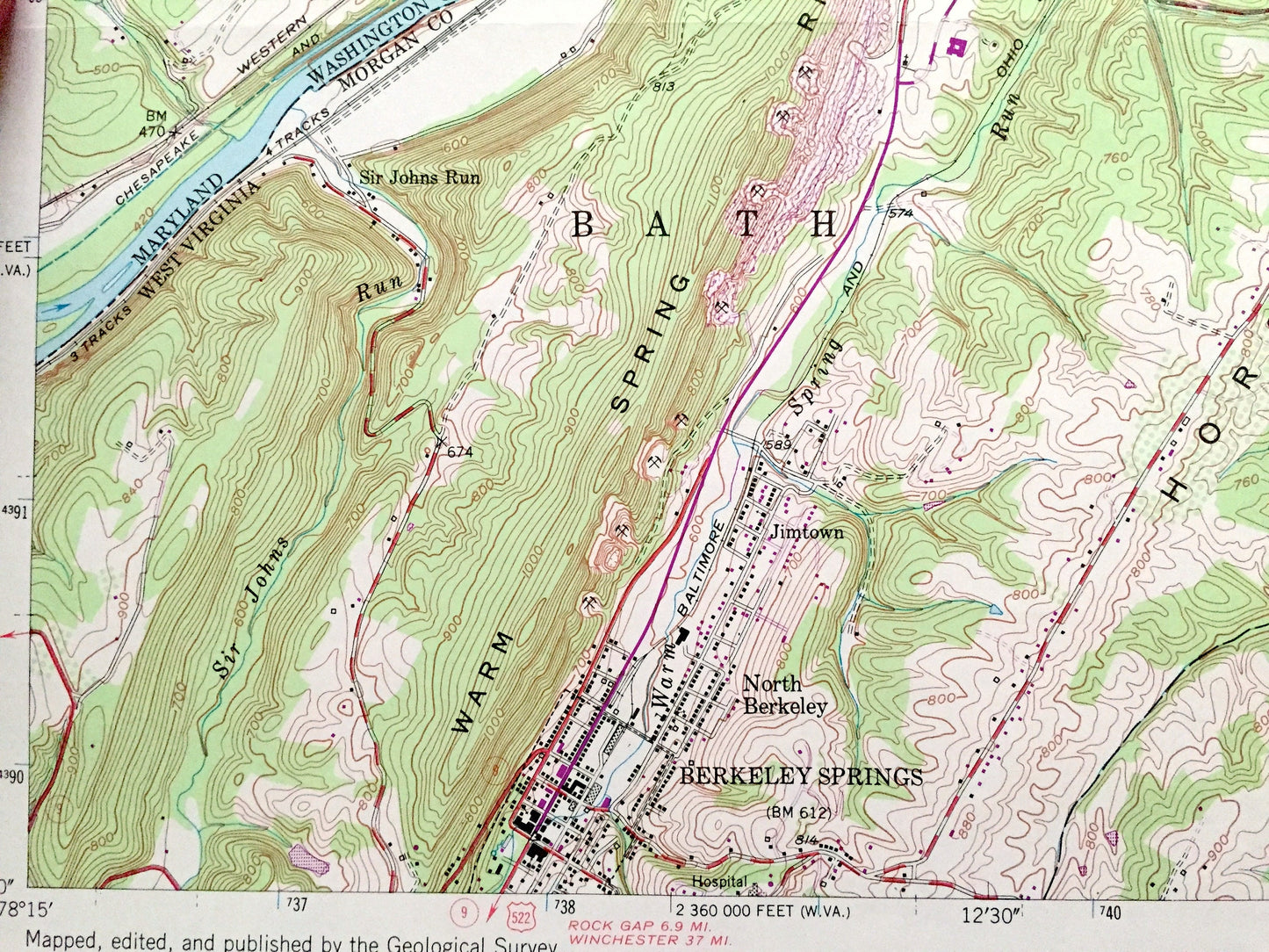 Antique Hancock, Maryland 1951 US Geological Survey Topographic Map – Washington County, Warren, Bethel, Thompson, WV