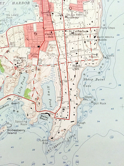 Antique Newport, Rhode Island 1957 US Geological Survey Topographic Map – Narraganset Bay, Jamestown, Middletown, Conanicut Island County RI
