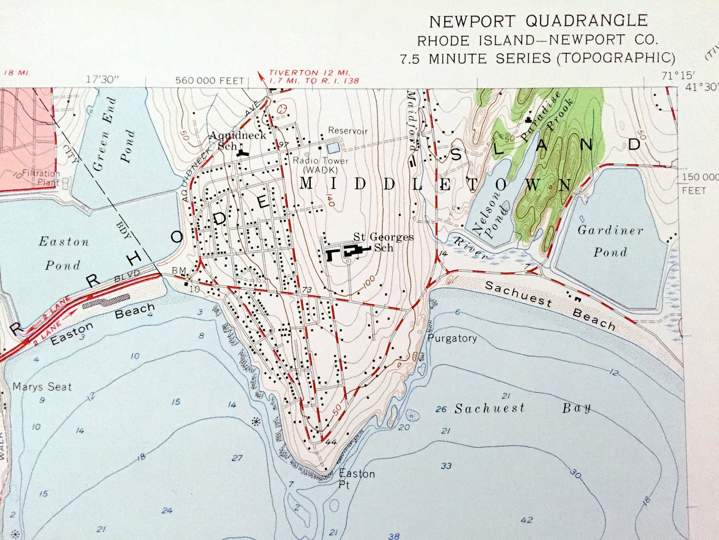 Antique Newport, Rhode Island 1957 US Geological Survey Topographic Map – Narraganset Bay, Jamestown, Middletown, Conanicut Island County RI