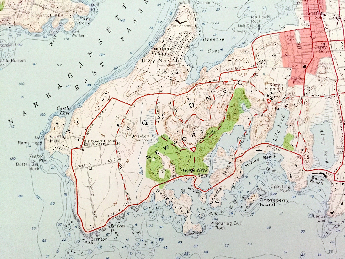 Antique Newport, Rhode Island 1957 US Geological Survey Topographic Map – Narraganset Bay, Jamestown, Middletown, Conanicut Island County RI