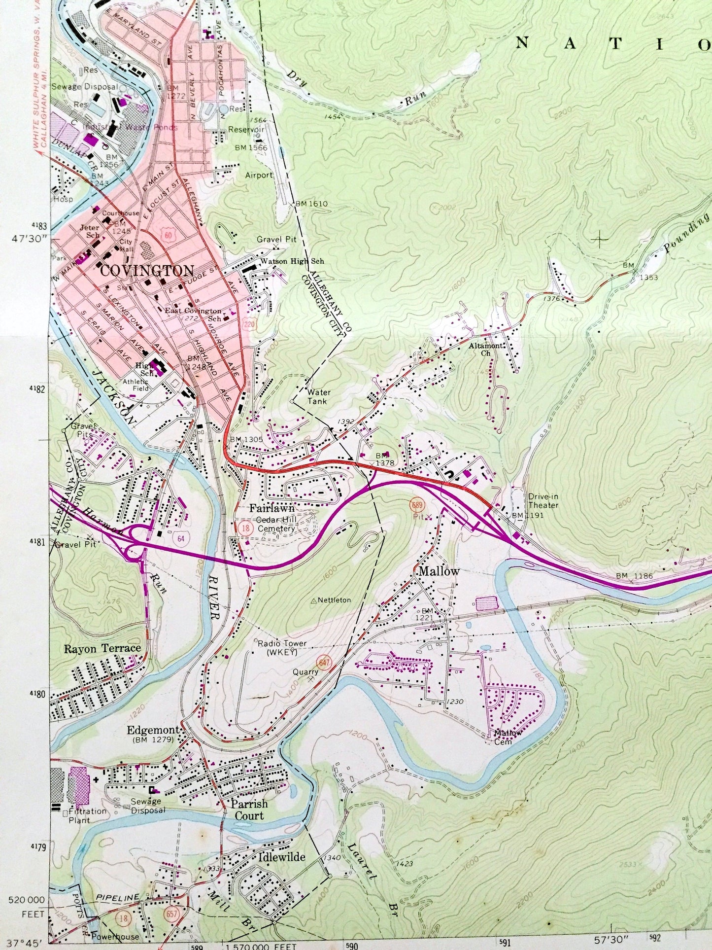 Antique Covington, Virginia 1962 US Geological Survey Topographic Map –  County, George Washington & Jefferson National Forest, Low Moor, VA