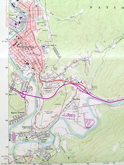 Antique Covington, Virginia 1962 US Geological Survey Topographic Map –  County, George Washington & Jefferson National Forest, Low Moor, VA