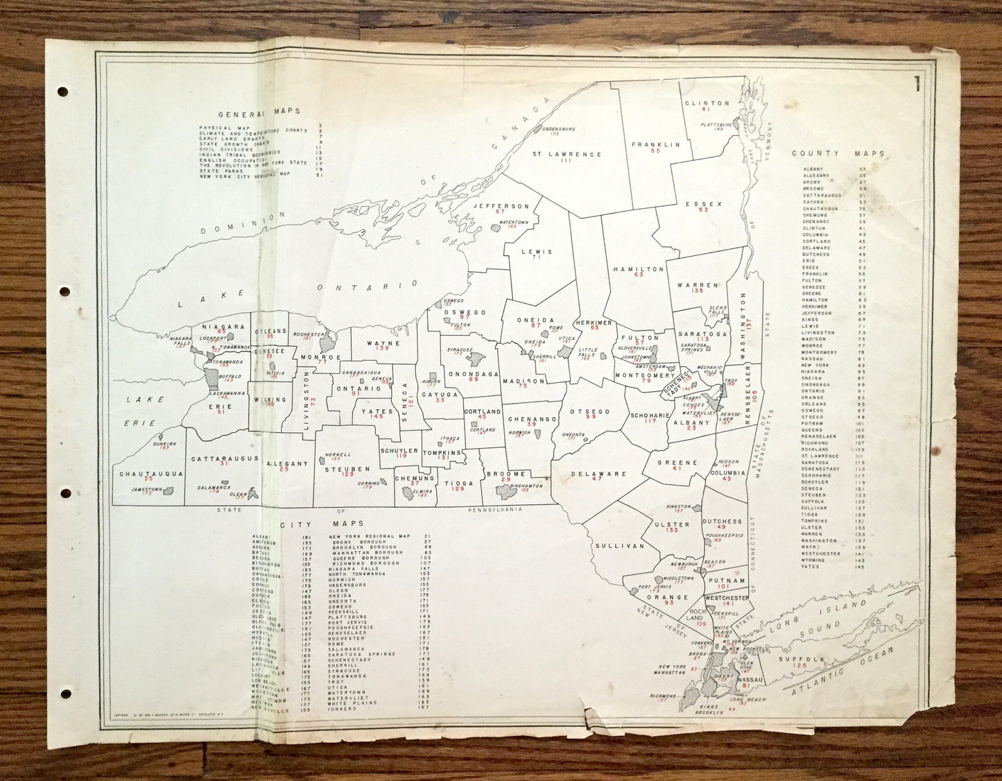 Antique 1941 New York County Map from WP Munger's Historical Atlas of New York State – Albany, Manhattan, Long Island, Adirondacks, NYC NY