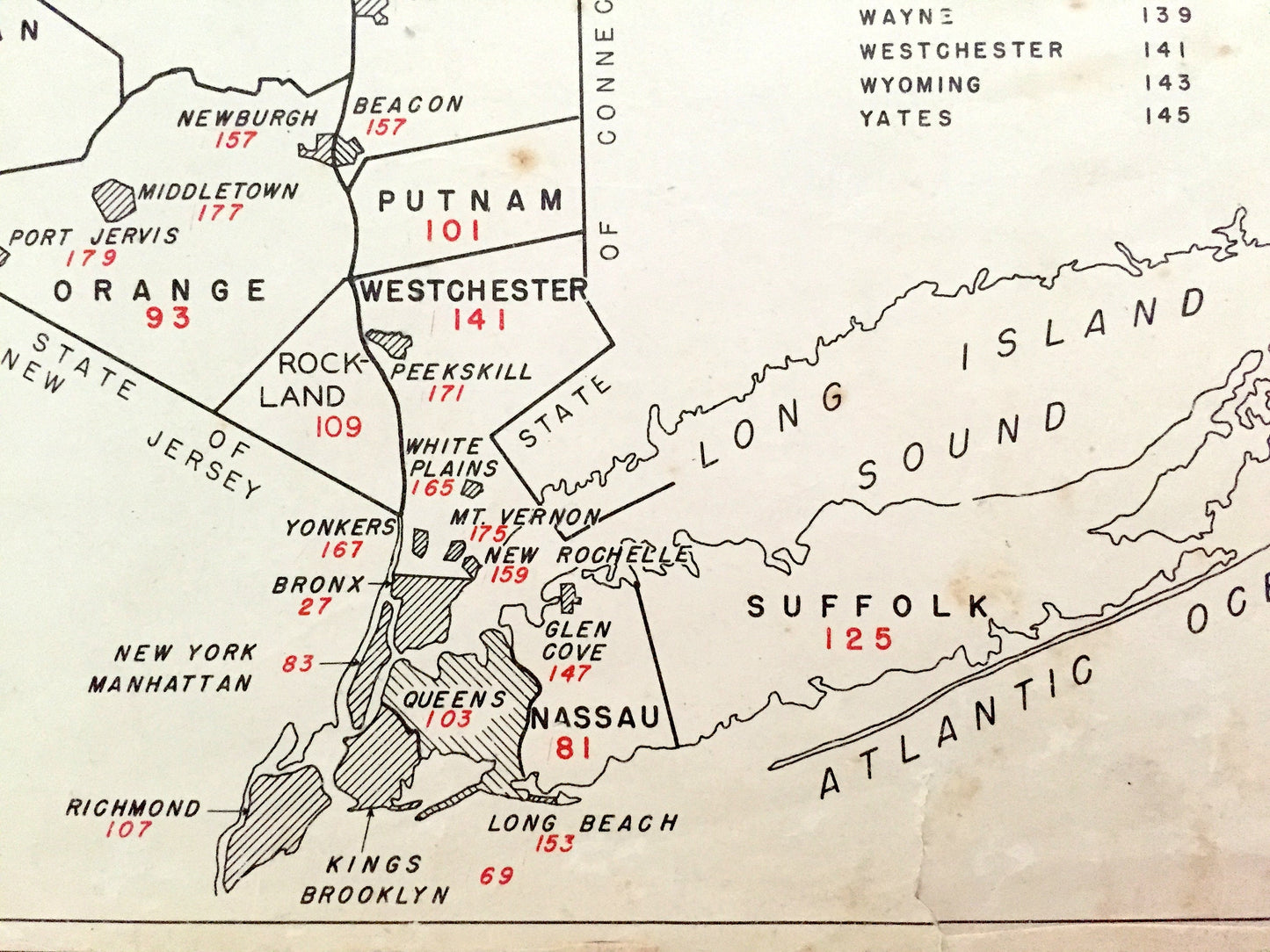Antique 1941 New York County Map from WP Munger's Historical Atlas of New York State – Albany, Manhattan, Long Island, Adirondacks, NYC NY