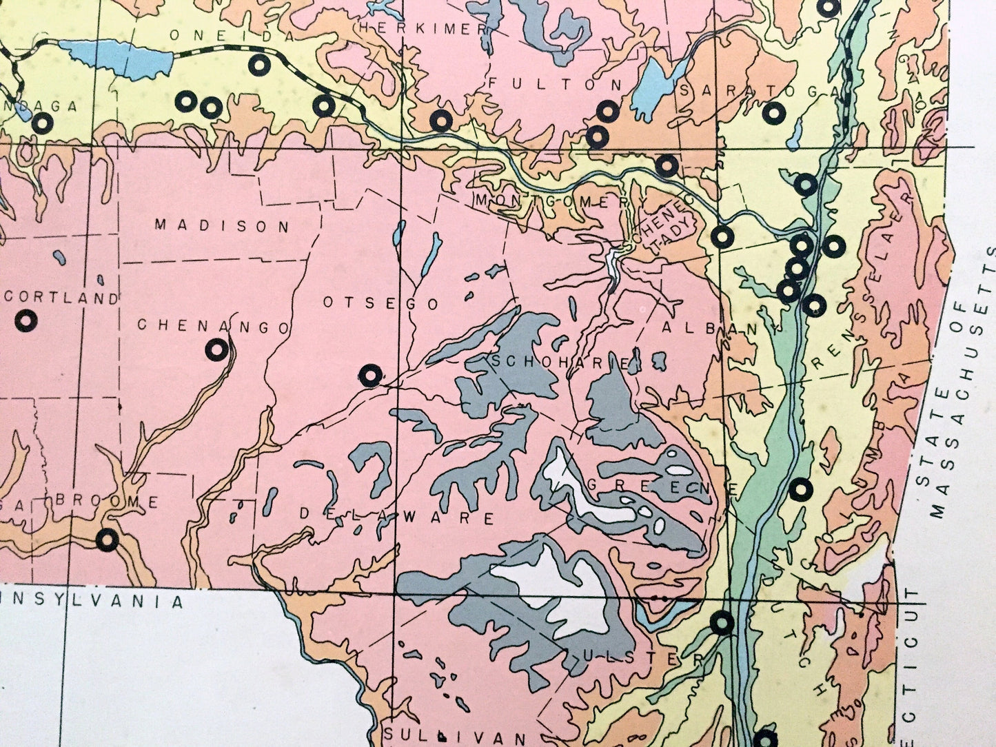 Antique 1941 New York Geographical Map from WP Munger's Historical Atlas of New York State – Manhattan, Long Island, Adirondacks, NYC NY