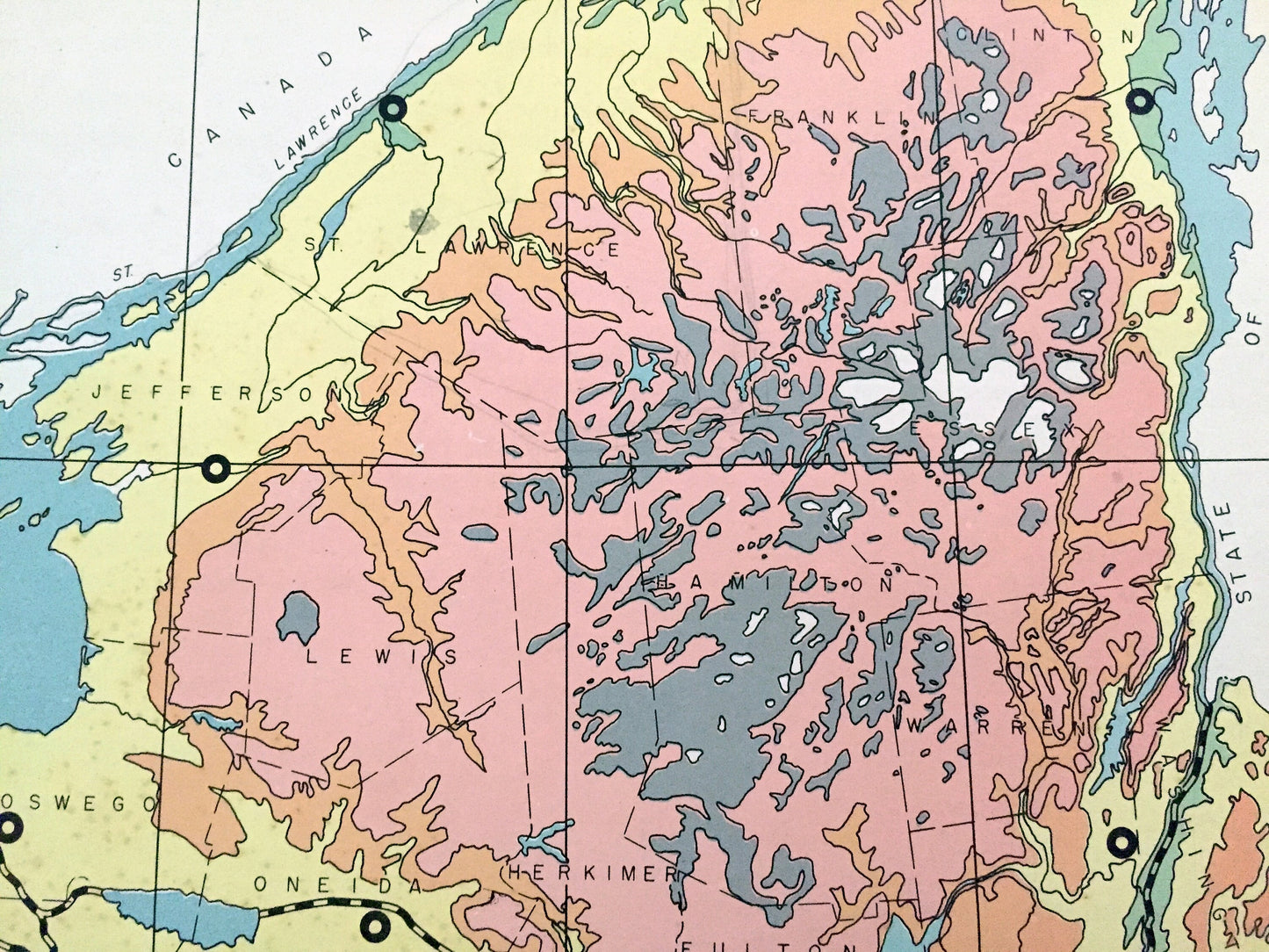 Antique 1941 New York Geographical Map from WP Munger's Historical Atlas of New York State – Manhattan, Long Island, Adirondacks, NYC NY