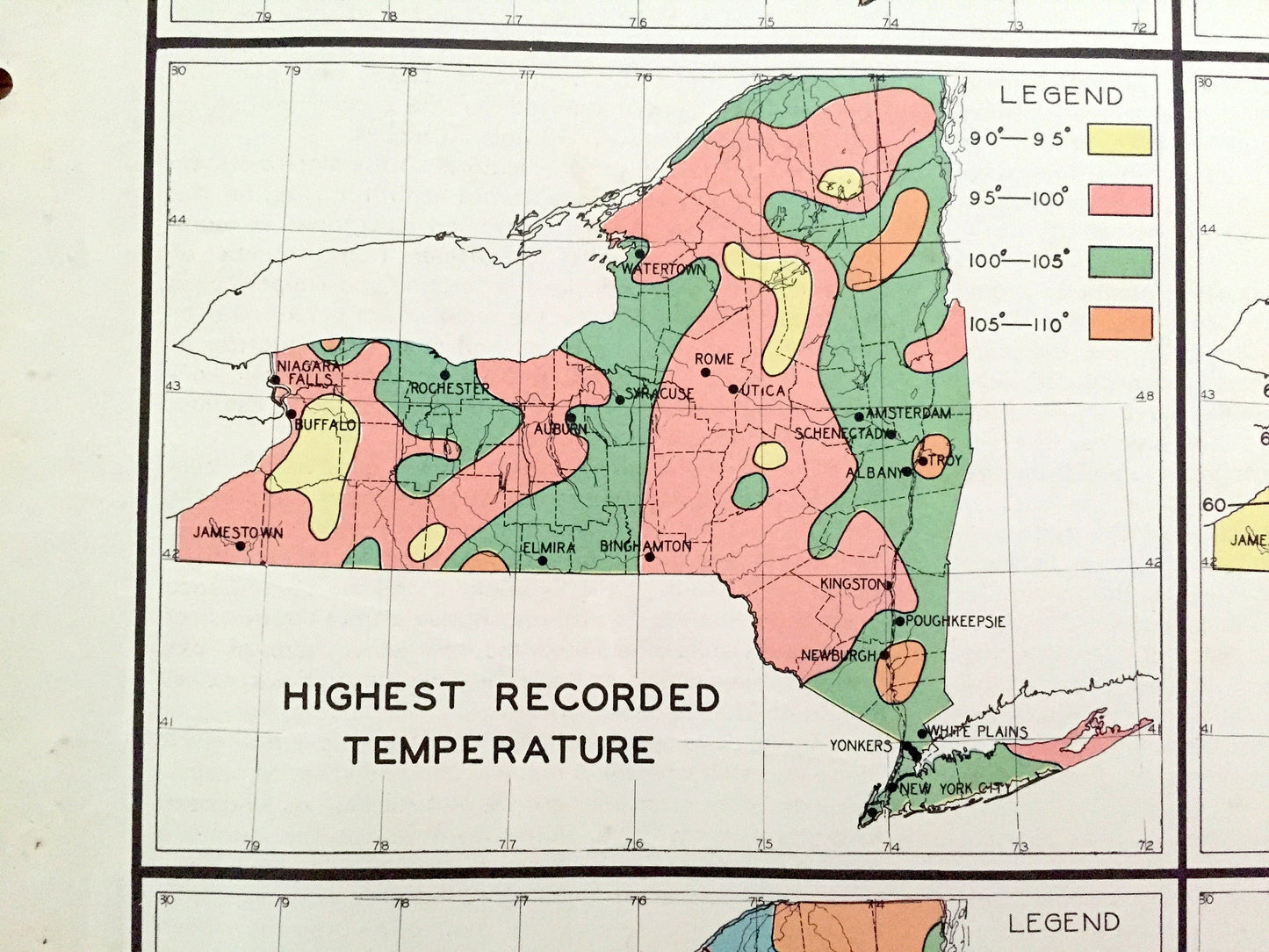 Antique 1941 New York Climate Map from WP Munger's Historical Atlas of New York State – Manhattan, Long Island, Adirondacks, Albany, NYC NY