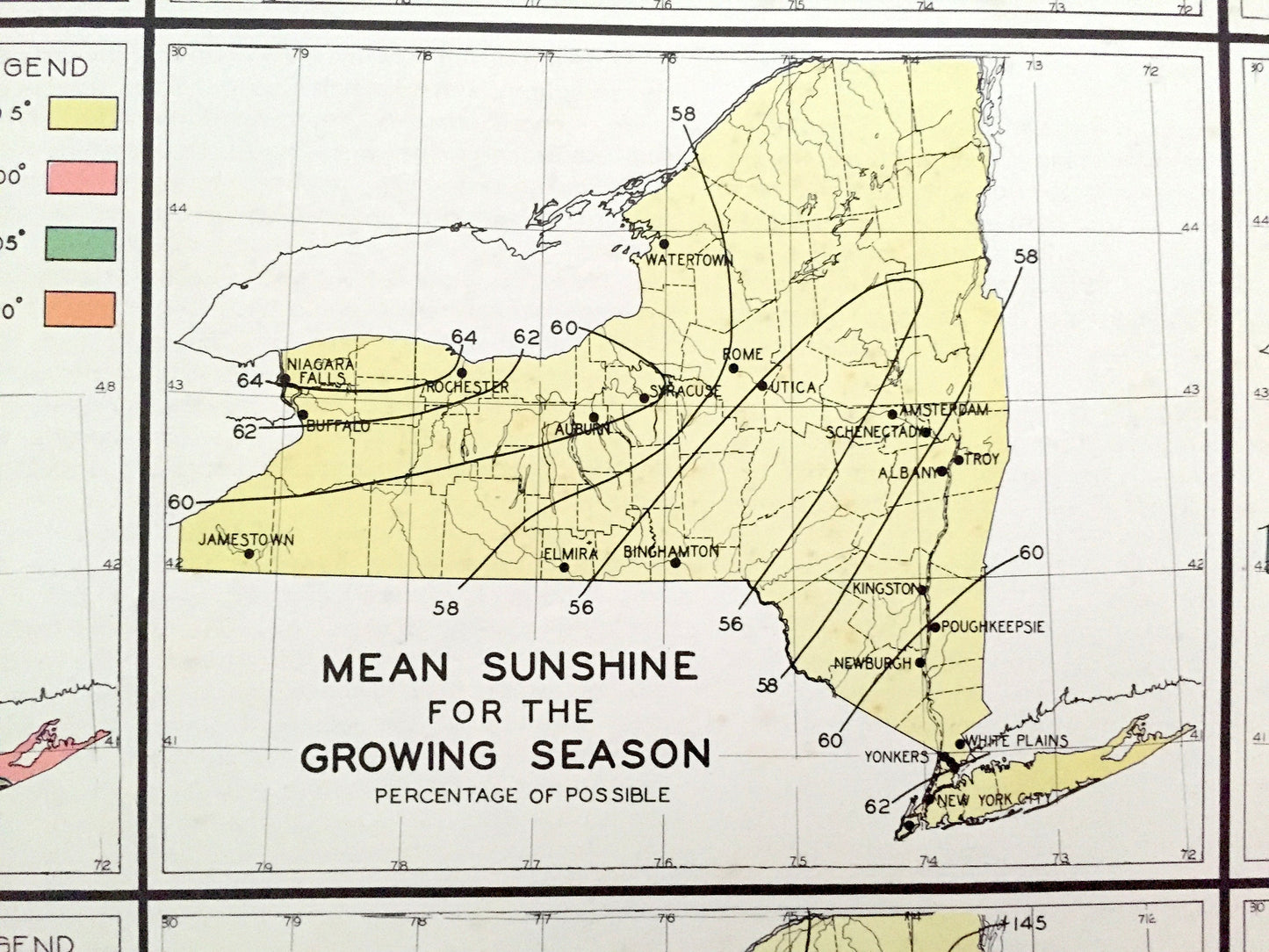 Antique 1941 New York Climate Map from WP Munger's Historical Atlas of New York State – Manhattan, Long Island, Adirondacks, Albany, NYC NY