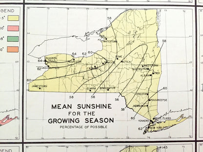 Antique 1941 New York Climate Map from WP Munger's Historical Atlas of New York State – Manhattan, Long Island, Adirondacks, Albany, NYC NY