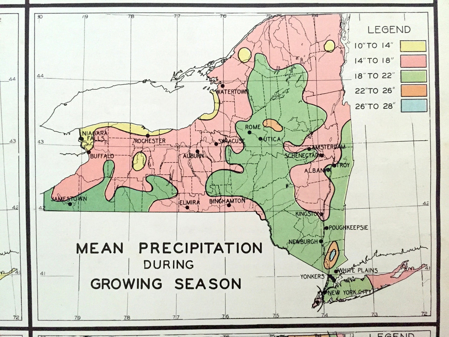 Antique 1941 New York Climate Map from WP Munger's Historical Atlas of New York State – Manhattan, Long Island, Adirondacks, Albany, NYC NY