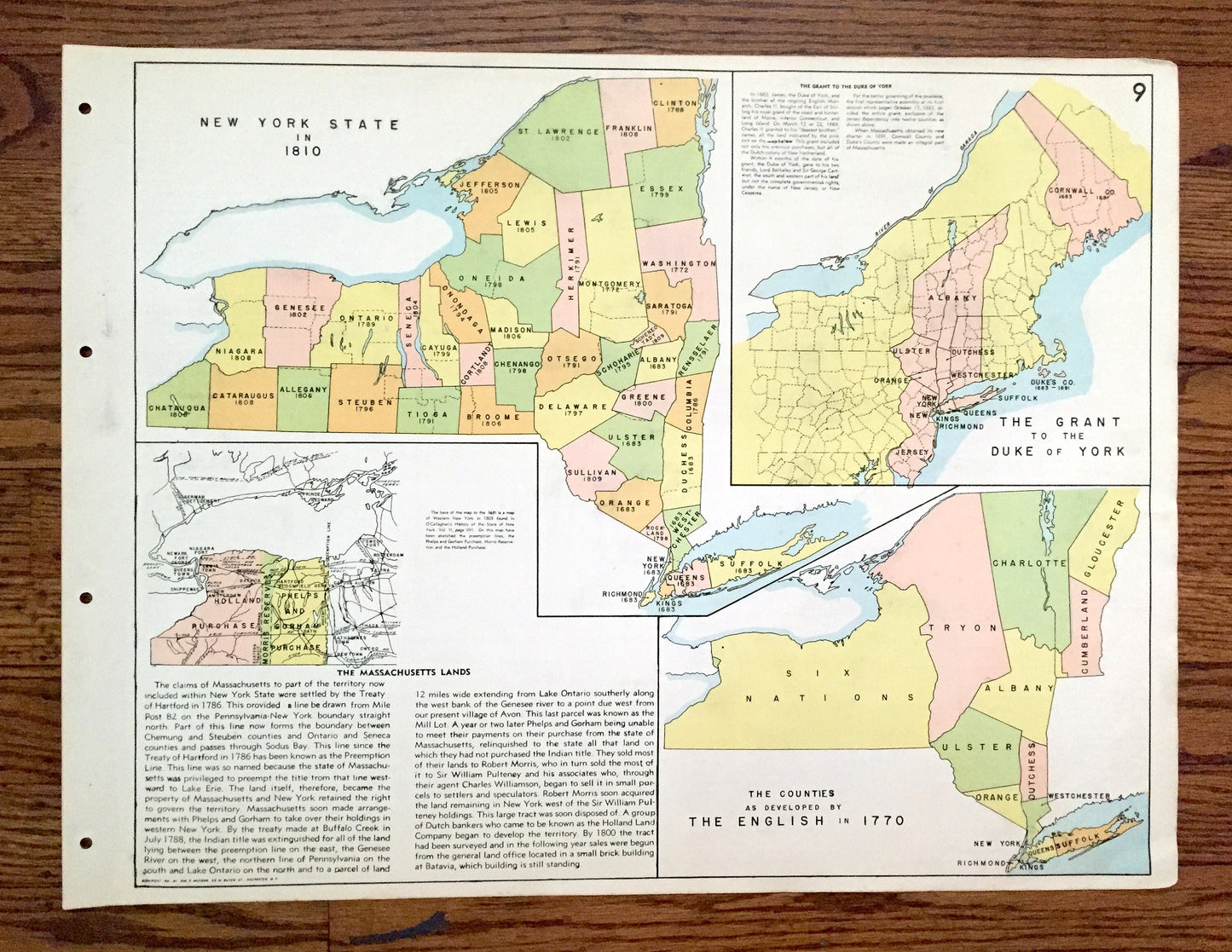 Antique 1941 New York Historical Map from WP Munger's Historical Atlas of New York State – Manhattan, Long Island, Adirondacks, Duke, NY