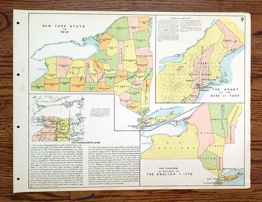 Antique 1941 New York Historical Map from WP Munger's Historical Atlas of New York State – Manhattan, Long Island, Adirondacks, Duke, NY