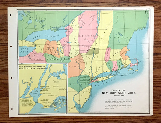 Antique 1941 New York Pre-Colonial Map from WP Munger's Historical Atlas of New York State – Manhattan, Long Island, Adirondacks, Boston NY