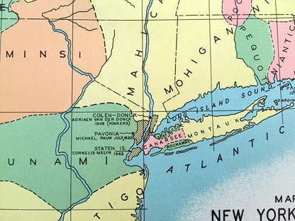 Antique 1941 New York Pre-Colonial Map from WP Munger's Historical Atlas of New York State – Manhattan, Long Island, Adirondacks, Boston NY