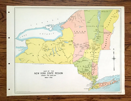 Antique 1941 New York English Colonial Map from WP Munger's Historical Atlas of New York State – Manhattan, Long Island, Adirondacks, NY
