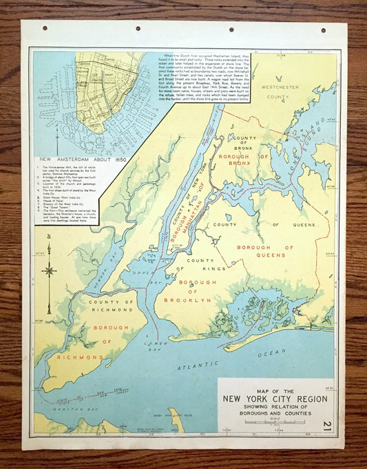 Antique 1941 New York City Borough Map from WP Munger's Historical Atlas of New York State – Manhattan, Brooklyn, Queens, New Amsterdam, NYC