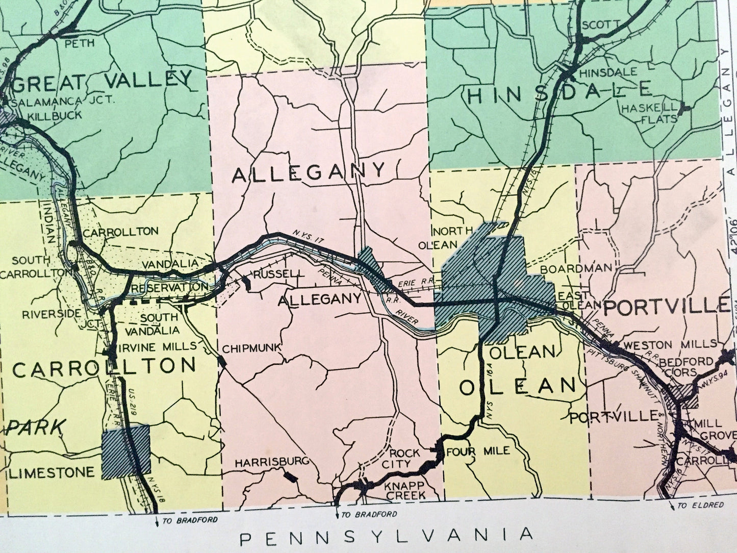 Antique Cattaraugus County, New York 1941 Historical Atlas Map – Little Valley, Randolph, Gowanda, Salamanca, Franklinville, Olean, NY