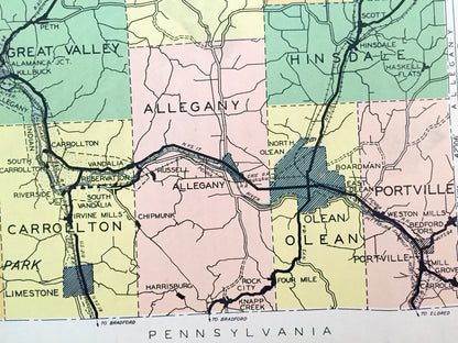 Antique Cattaraugus County, New York 1941 Historical Atlas Map – Little Valley, Randolph, Gowanda, Salamanca, Franklinville, Olean, NY