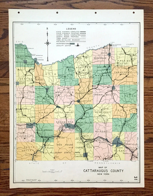 Antique Cattaraugus County, New York 1941 Historical Atlas Map – Little Valley, Randolph, Gowanda, Salamanca, Franklinville, Olean, NY