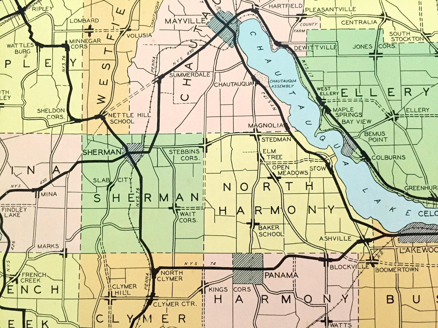 Antique Chautauqua County, New York 1941 Historical Atlas Map – Mayville, Jamestown, Dunkirk, Silver Creek, Westfield, Cherry Creek, NY