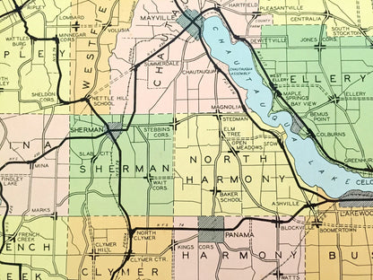 Antique Chautauqua County, New York 1941 Historical Atlas Map – Mayville, Jamestown, Dunkirk, Silver Creek, Westfield, Cherry Creek, NY