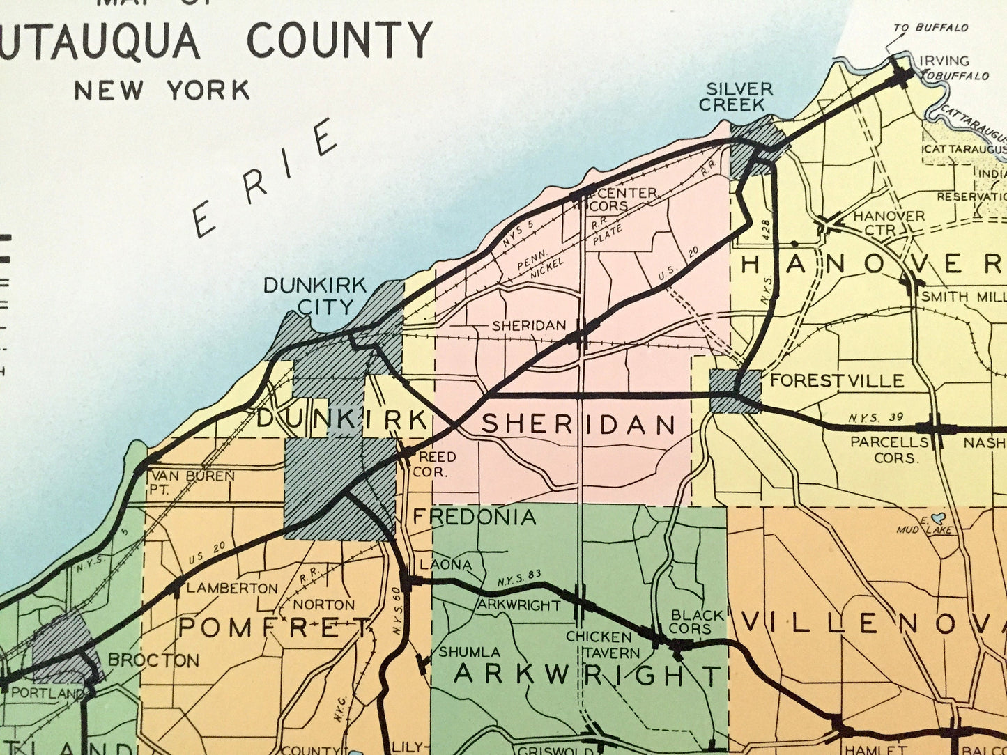Antique Chautauqua County, New York 1941 Historical Atlas Map – Mayville, Jamestown, Dunkirk, Silver Creek, Westfield, Cherry Creek, NY